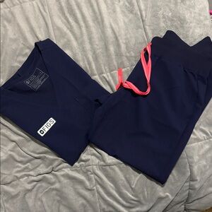 FIGS Navy Scrub Top and Pants with Pink Drawstring